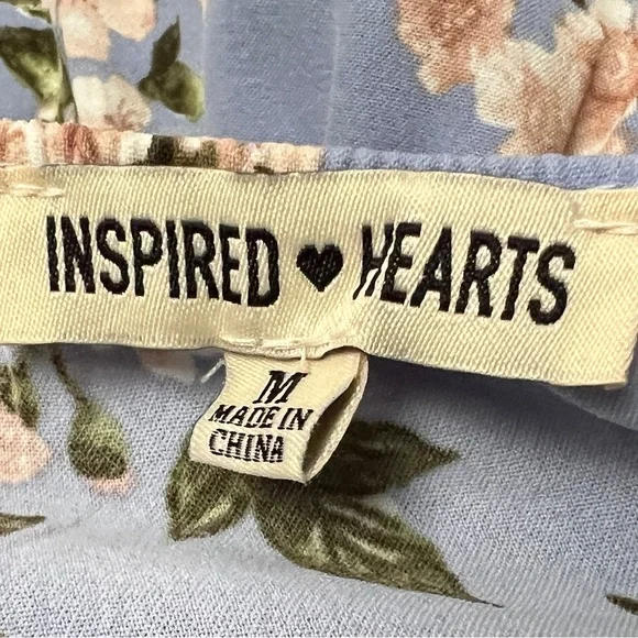 Inspired Hearts Floral Romper Blue Puff Sleeve Square Neck Ruffle | Size: Med - Picture 7 of 7